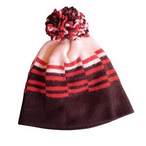 Vintage 80's Beanie Knit Ski Hat Striped Pom-Pom Orange Brown & White